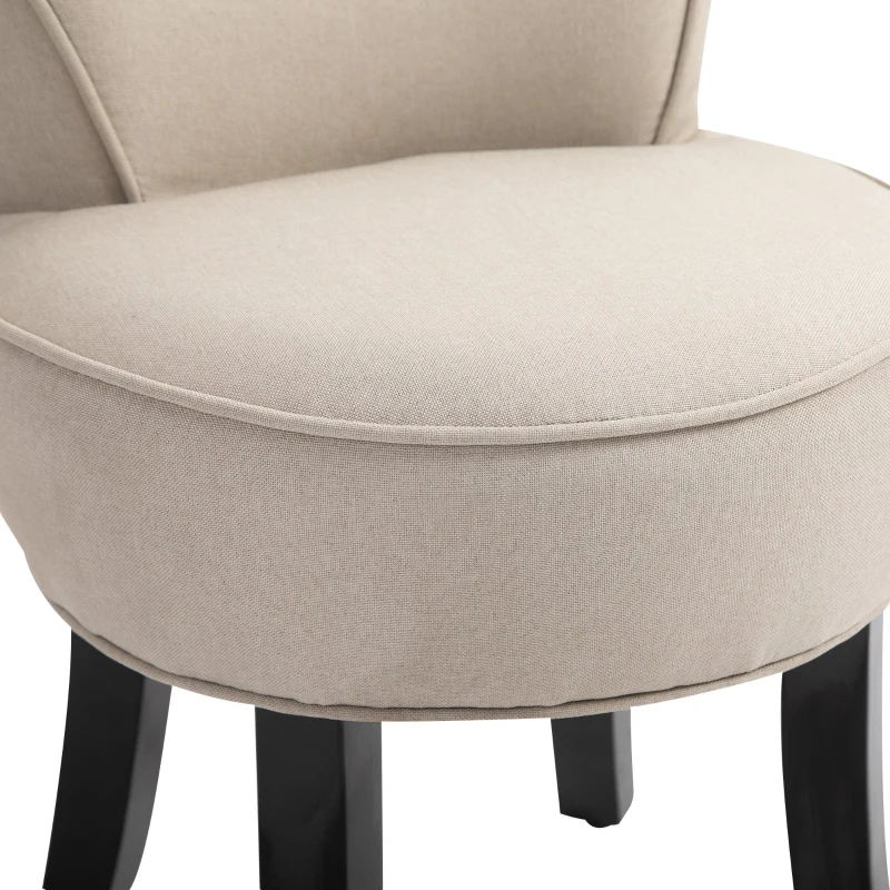 HOMCOM Upholstered Linen Vanity Stool with Curved Thick Padded Backrest, Rubberwood Legs, and Footpads, Beige