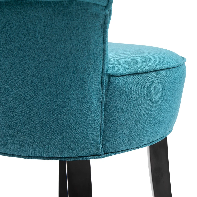 HOMCOM Upholstered Linen Vanity Stool with Curved Thick Padded Backrest, Rubberwood Legs, and Footpads, Blue