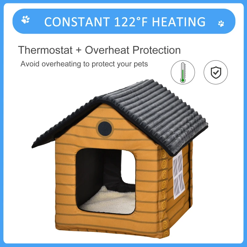 PawHut Heated Cat House Condo, Foldable Enclosed Pet House with Heating Pad for Cats or Small Dogs, Use for Indoor or Covered Outdoor Areas, Log Cabin Design