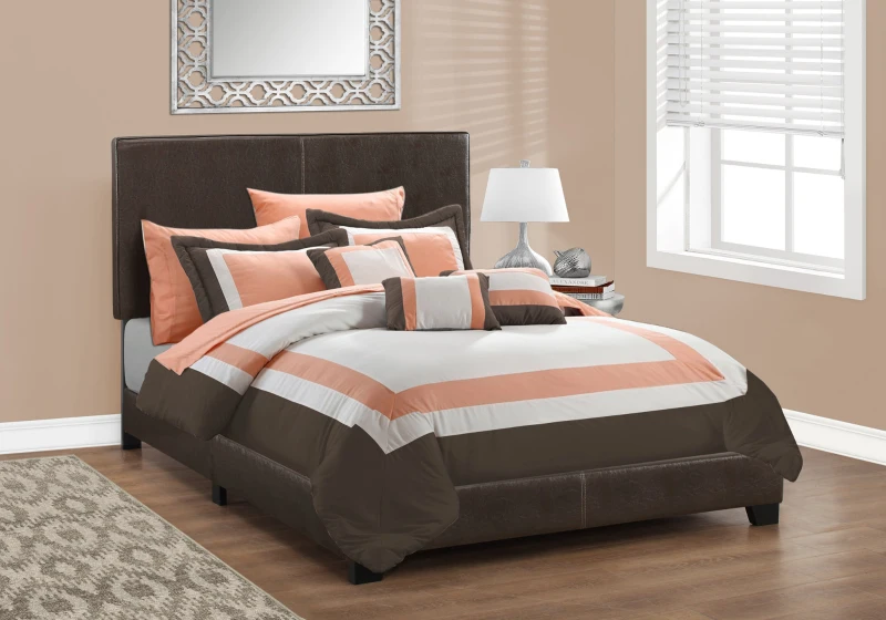 Monarch Full Size Contemporary Upholstered Bed Frame with Wood Legs - Dark Brown Leather Look