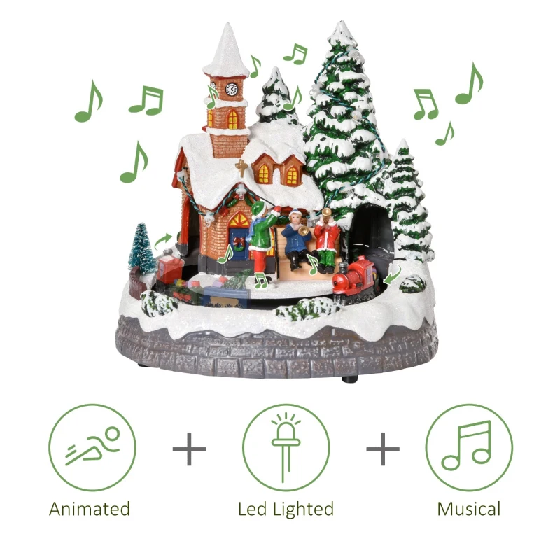 HOMCOM Animated Christmas Village, Pre-lit Musical Collectable Decor with Moving Train for Indoor Holiday Displays, Built-in LED Lights for Tabletop