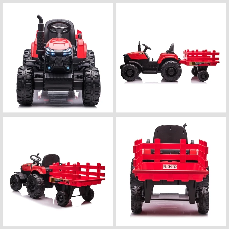 Aosom 12V Kids Ride On Tractor, Extra Large Kids Electric Battery Powered Car Toy with Back Trailer, Adjustable Speed, and LED Headlights, Red