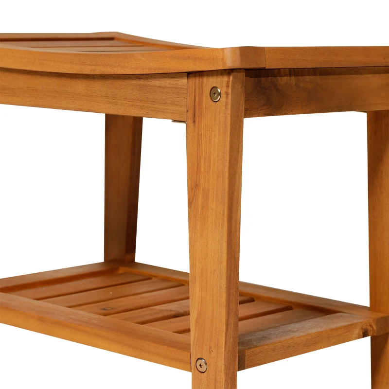 HOMCOM Acacia Wood Shower Bench Seat with Towel Shelf, 2-Tier Bathroom Spa Bathing Stool