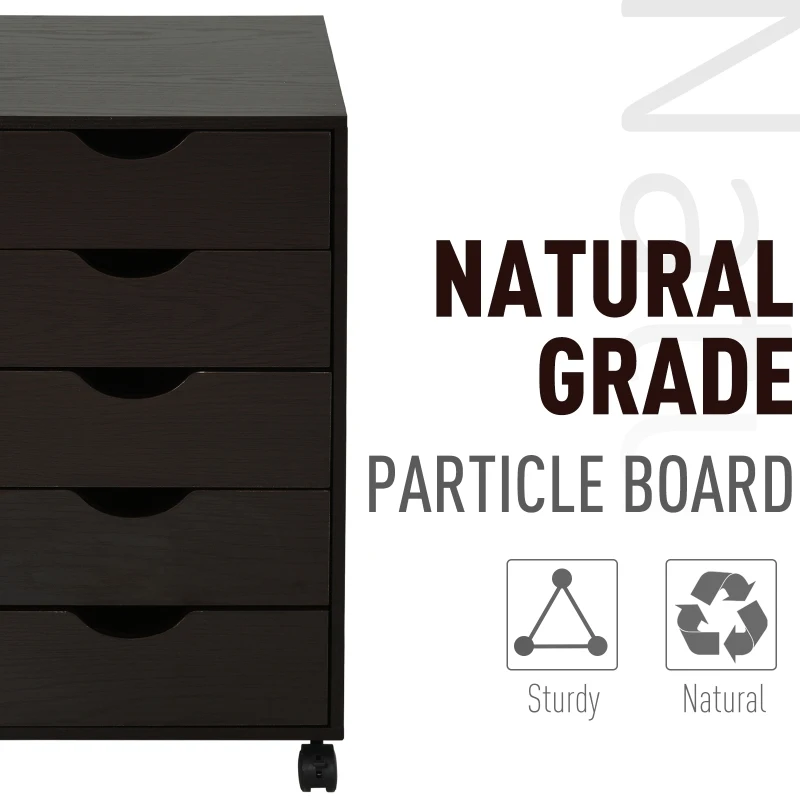 HOMCOM 5 Drawer File Cabinet Storage Organizer Filing Cabinet with Nordic Minimalist Modern Style & Wheels, Brown