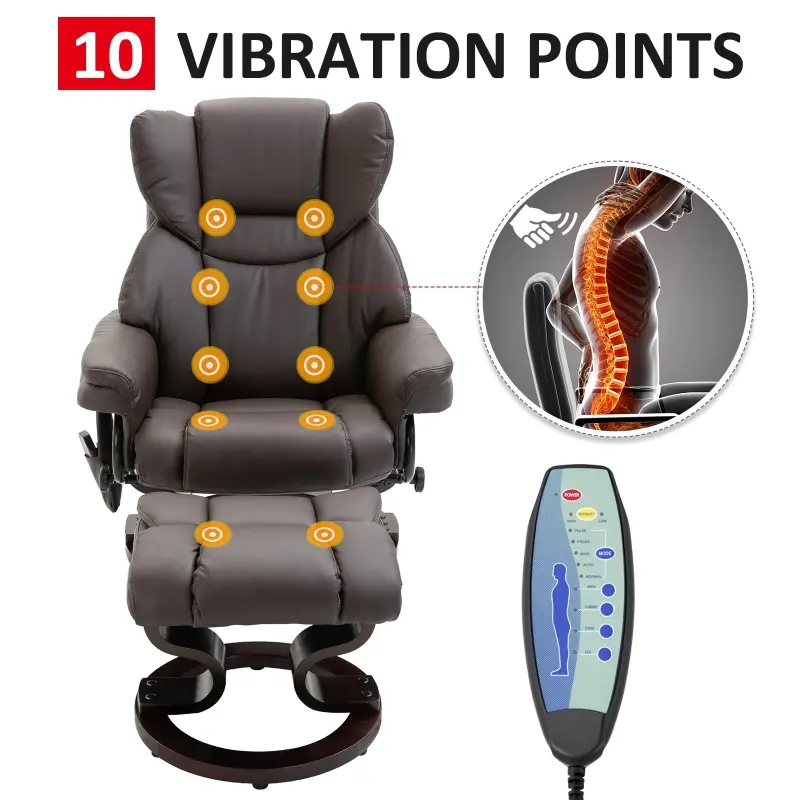 HOMCOM Massage Sofa Recliner Chair w/ Footrest, 10 Vibration Point, Faux PU Leather, Brown