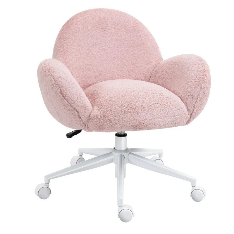 HOMCOM Faux Fur Leisure Chair Accent Chair Office Swivel Chair with Mid-Back Wide Design, Adjustable Seat Height, Steel Base, Wheels, Pink