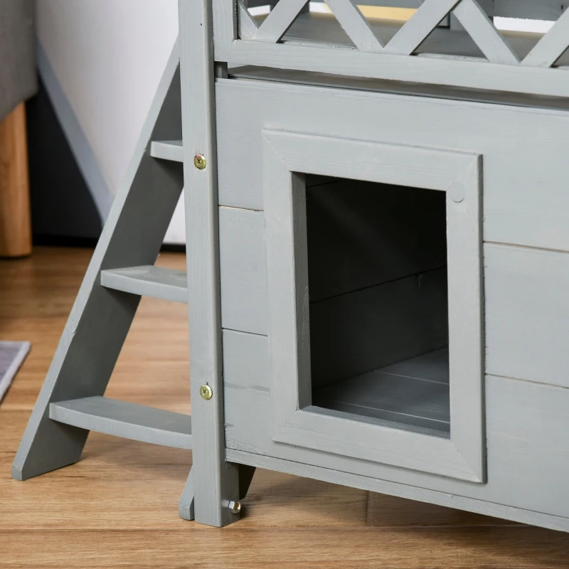 PawHut Wooden Cat House, 2-Floor Feral Cat Shelter, Kitten Condo Outdoor, Small Dog House with Balcony, Stairs, Asphalt Roof, Gray
