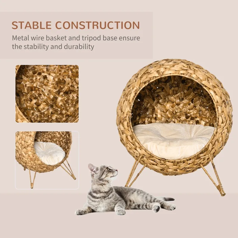 PawHut Elevated Cat House, 20.5" Natural Hyacinth Basket, Cozy and Breathable Design for Cats' Comfort and Circulation