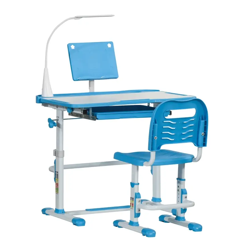 Qaba Kids Desk and Chair Set, Height Adjustable School Study Table and Chair, Student Writing Desk with Tilt Desktop, LED Lamp, Pen Box, Drawer, Reading Board, Cup Holder, and Pen Slots, Blue