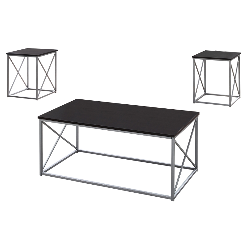 Monarch 3 Piece Modern Minimalist X Braced Laminate Top Coffee Table / Two Matching End Tables Set - Cappuccino, Silver Metal
