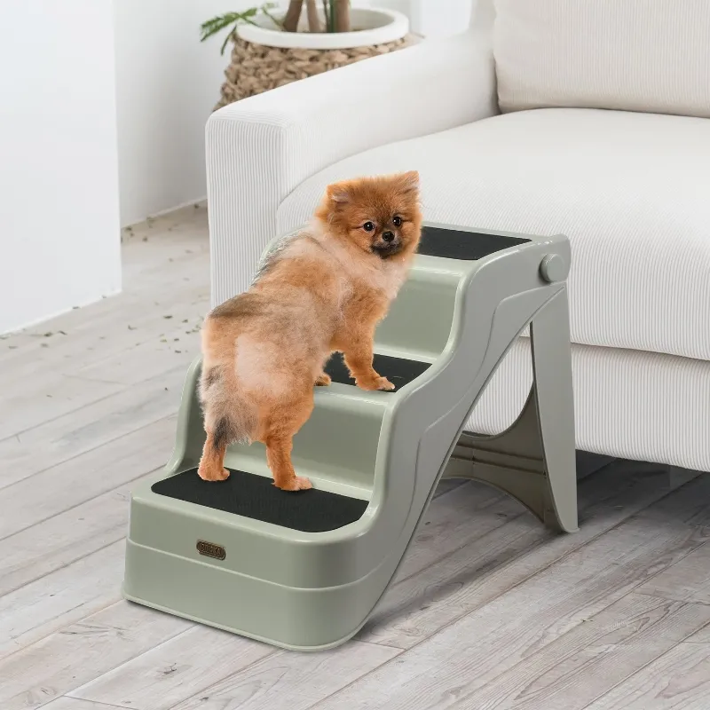 Open Box PawHut 3 Step Portable Folding Pet Stairs Ramp Easy Climb Step Stool With Anti-Slip Mat - Cream White