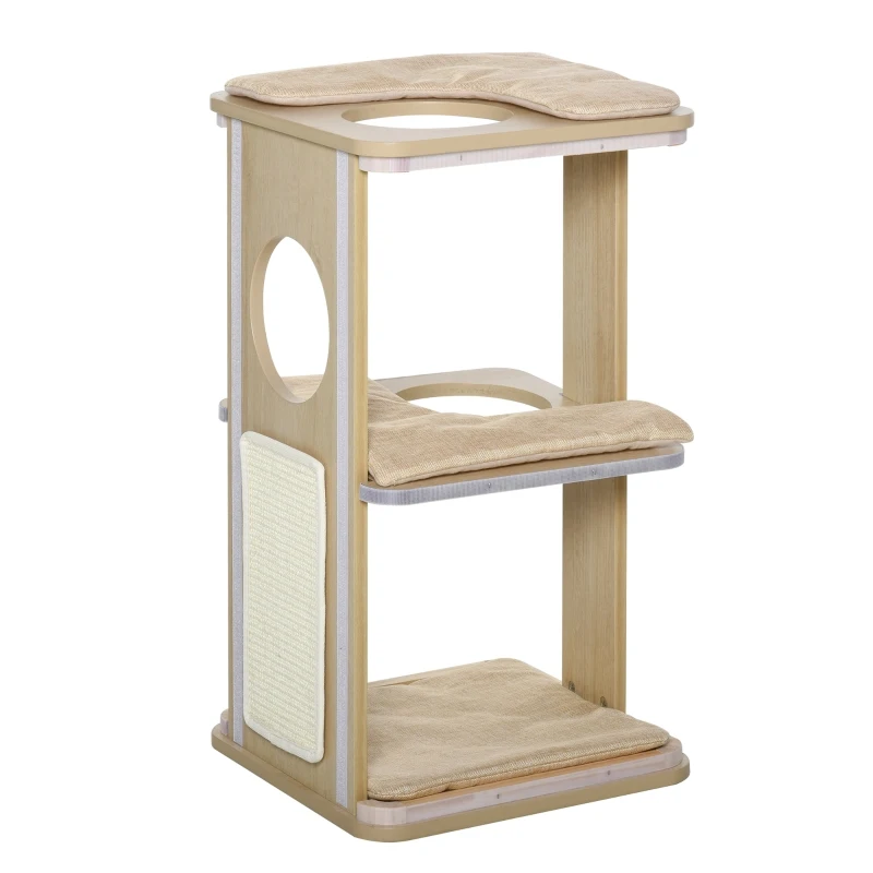 PawHut Wooden Cat Condo 3 Story Barrel Tower w/ Perch Removable Cover Cushions Sisal Scratching Carpet, Brown