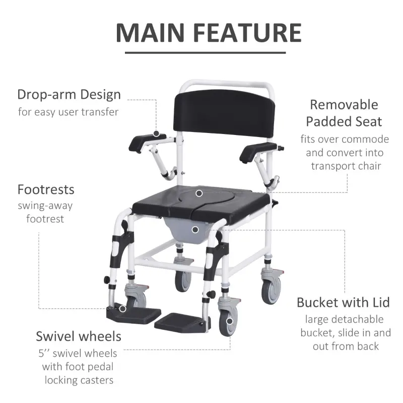 HOMCOM Accessibility Commode Wheelchair, Rolling Shower Wheelchair with 4 Castor Wheels, Rectangle Detachable Bucket, & Waterproof Design, 17" Seat Width, Black