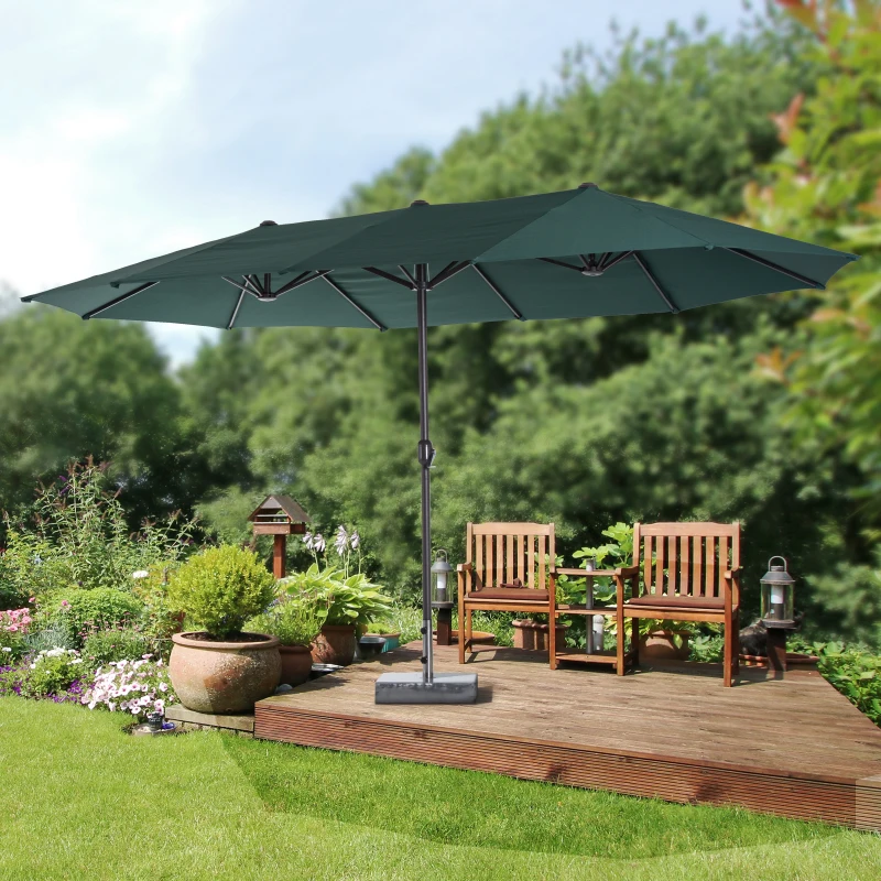 Outsunny 15ft Outdoor Twin Patio Umbrella Garden Double-Sided Market Parasol Sun Shelter with Crank Green
