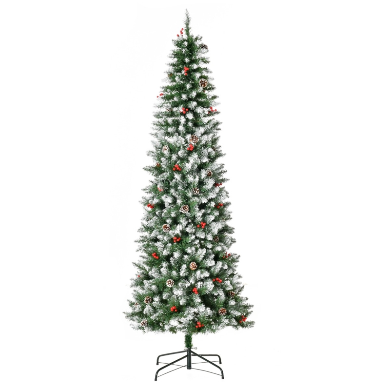 HOMCOM 7.5ft Pre-Lit Snow-Flocked Artificial Christmas Tree with Realistic Branches, 350 LED Lights, Pine Cones, Red Berries and 1075 Tips