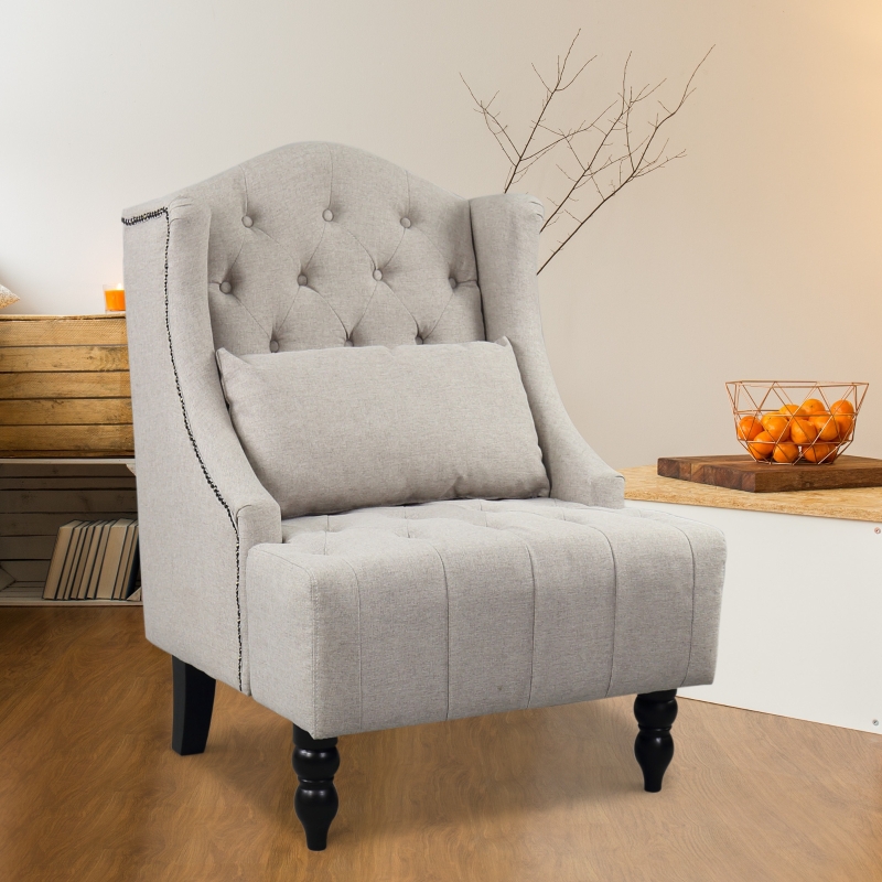 HOMCOM Tall Tufted Wingback Chair Nailhead Living Room Grey
