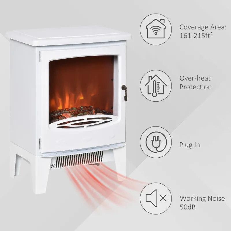 HOMCOM Electric Fireplace Stove, Free standing Fireplace Heater with Realistic Flame Effect, Overheat Safety Protection, 750W/1500W, White