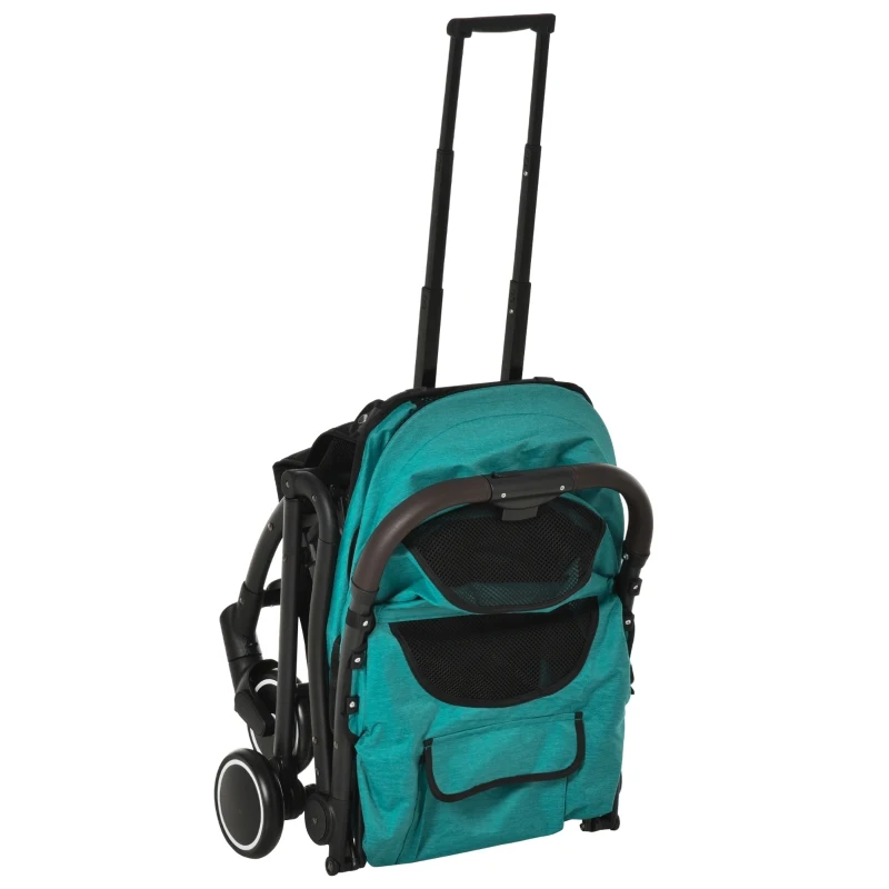 PawHut Travel Pet Stroller for Dogs, Cats, One-Click Fold Jogger Pushchair with Aluminum Frame, EVA Wheels, Brakes, Basket Storage, Safety Belts, Adjustable Canopy, Zippered Mesh Window Door, Blue