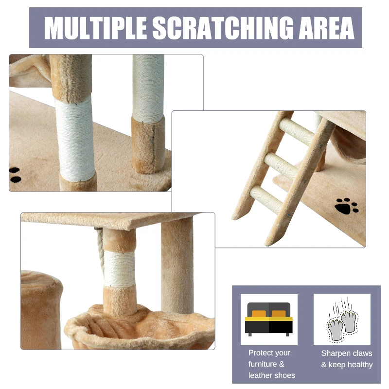 PawHut 55-inch Deluxe Cat Scratching Tree Kitten Condo Play House Kitty Scratcher Multi-level Tower Pet Furniture Beige