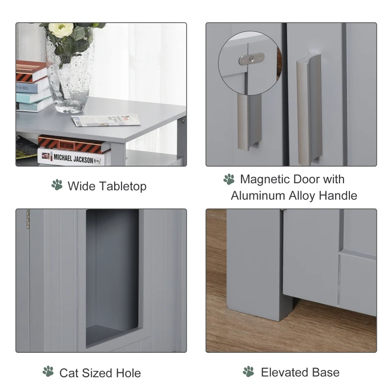 PawHut Wooden Cat Litter Box Enclosure, Adjustable Interior Wall, Pet-Friendly Furniture, Grey