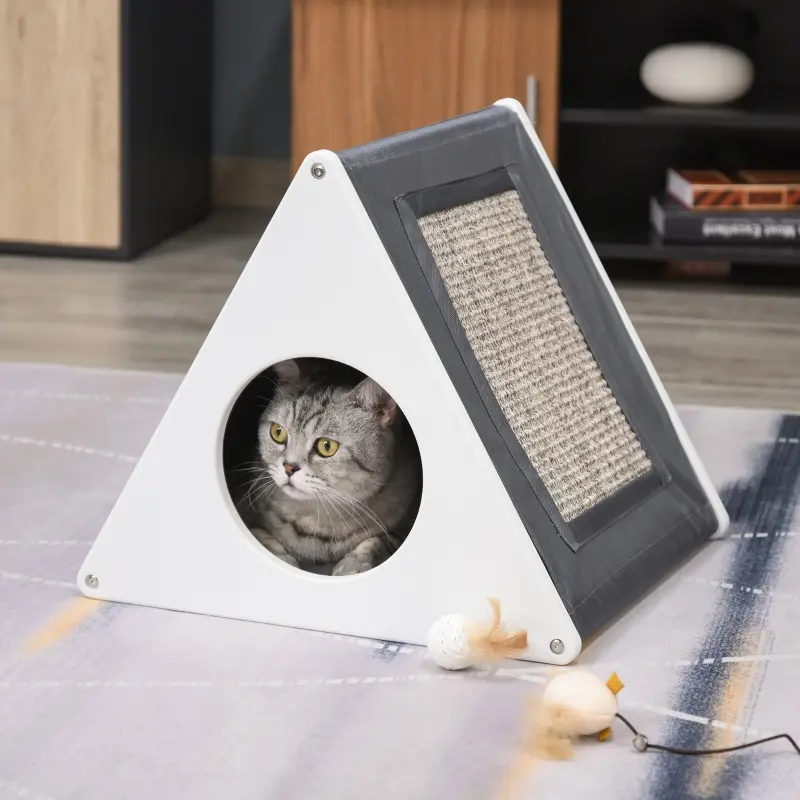 PawHut Wooden Cat House Triangle Shaped Bed Kitten Condo with Removable Cushion, Sisal Scratching Carpet, Grey and White