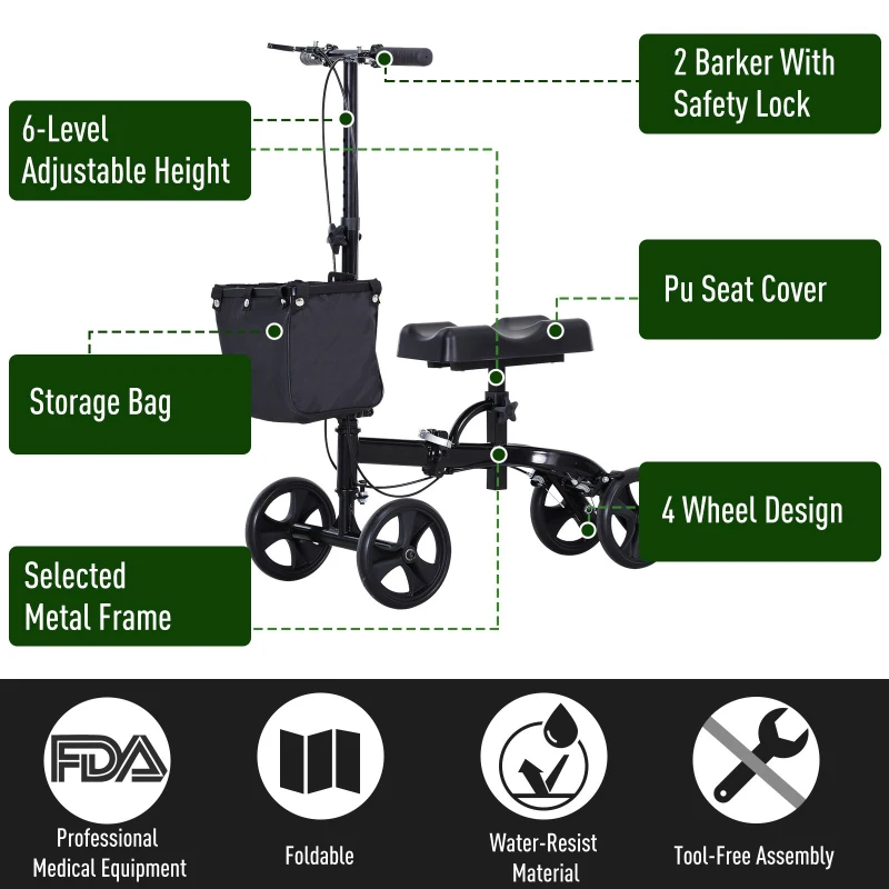 HOMCOM Medical Foldable Steerable Leg Knee Walker Scooter with Basket Attachment - Black
