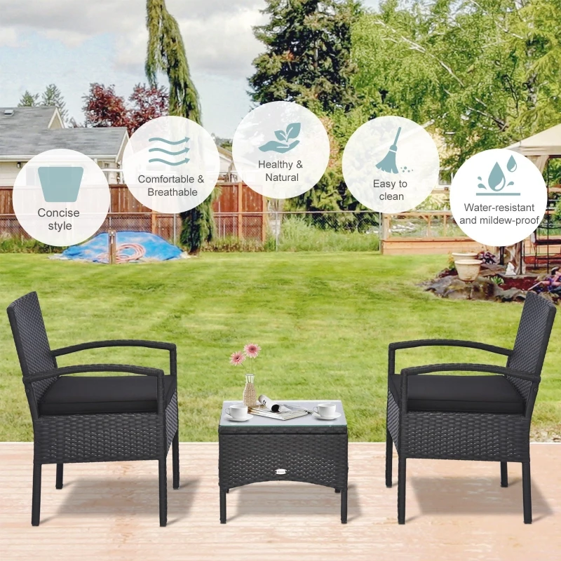 Outsunny 3 Pieces Wicker Patio Furniture Set, Rattan Bistro Set with Coffee Table and Cushions, Outdoor Conversation Set for Garden, Porch, Balcony, Black