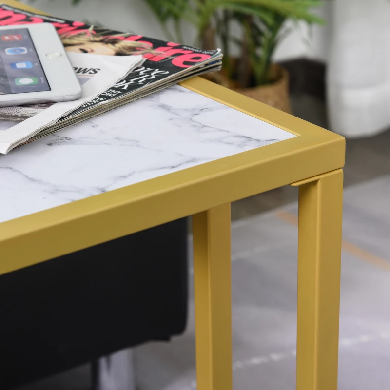 HomCom Modern Console C-Shape Side Table with Marble-Looking Tabletop, a Unique Modern Design, White