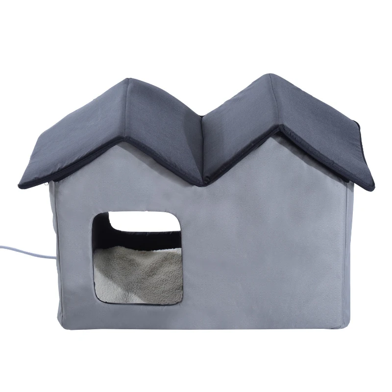 PawHut Double Heated Cat House Portable Indoor/Outdoor Kitty Shelter for Ferral Cat in Winter, Grey