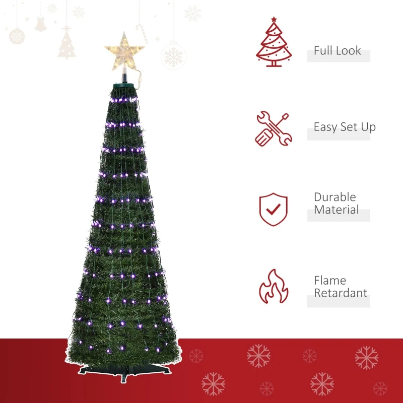 Outsunny 4.5' Tall Pre-lit Slim Artificial Outdoor Christmas Tree Easy Assembly Pull Up Pop Out Yard Decoration with 176 Multi-Color LED Lights