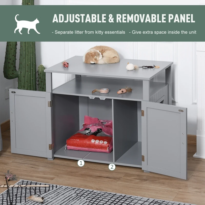 PawHut Wooden Cat Litter Box Enclosure, Adjustable Interior Wall, Pet-Friendly Furniture, Grey