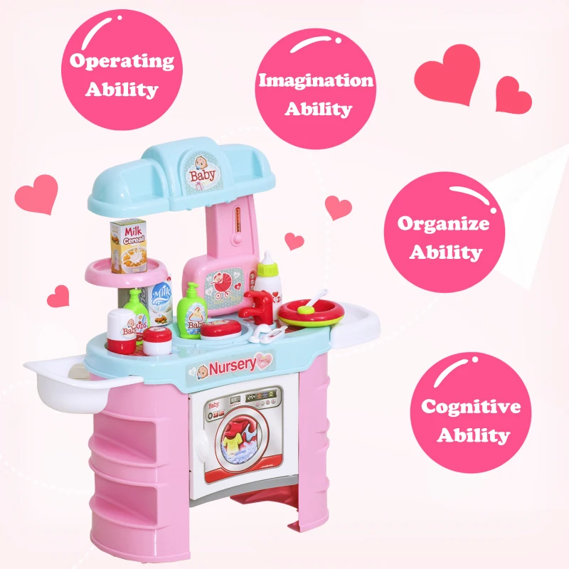 Qaba Baby Doll Bath Playset Kids Baby Nursery Set with Accessories for Boys Girls Ages 3-6 Years Pretend Play Set for Children Blue Pink