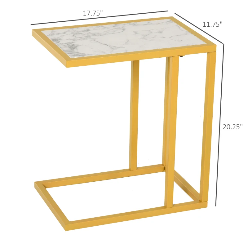 HomCom Modern Console C-Shape Side Table with Marble-Looking Tabletop, a Unique Modern Design, White