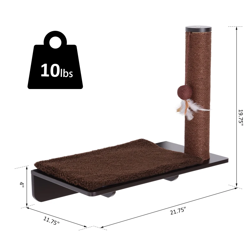 PawHut Cat Climbing Frame Shelf Wall-mounted w/ Mat and Toy Brown