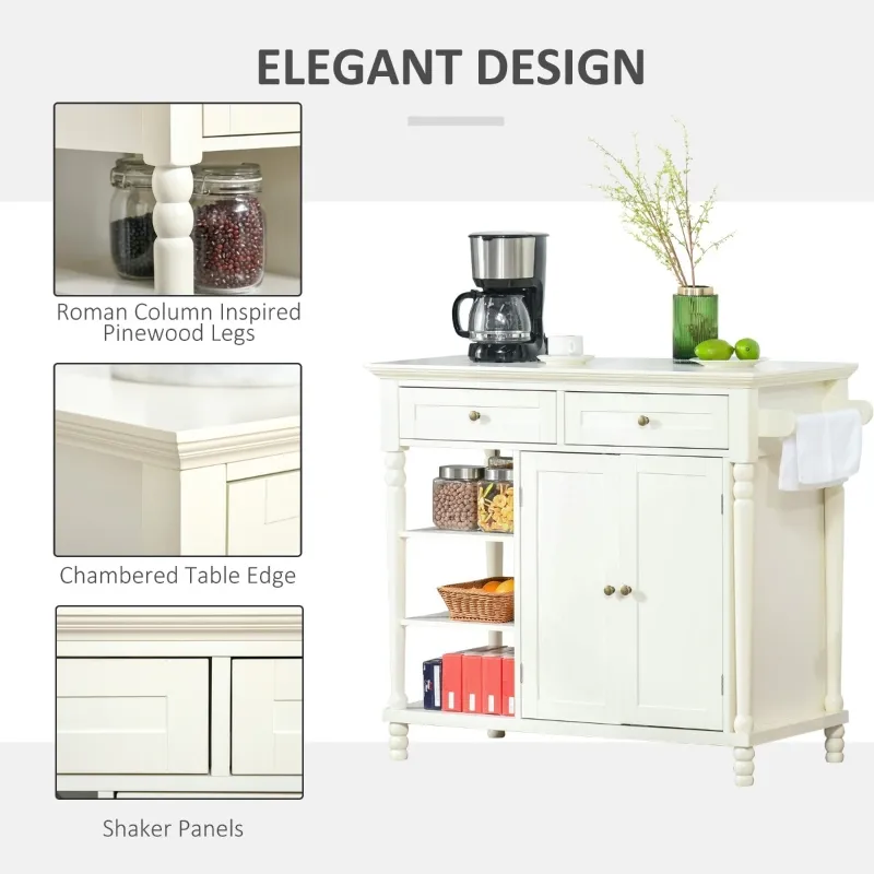 HOMCOM Vintage Kitchen Island with 3-Tier Open Shelving, Storage Cabinet with Drawers & Wood Legs, Adjustable Shelf for Living Room, Coffee Bar, White
