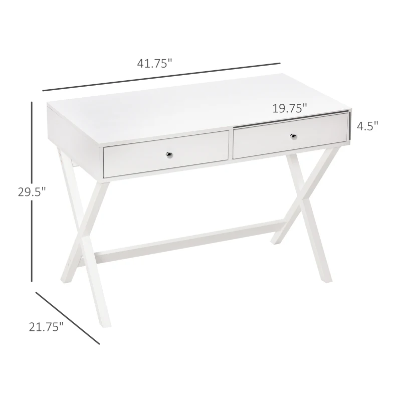 HOMCOM Modern Writing Desk, White Computer Desk, Vanity Makeup Table with Two Drawers, X-shaped Leg for Home Office, Bedroom
