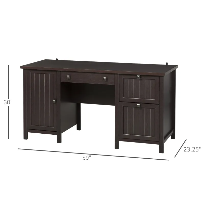 HOMCOM Vintage Executive Computer Desk, Home Office Work station, Student Table with Cabinet & 3 Drawers for Hanging Files, Brown