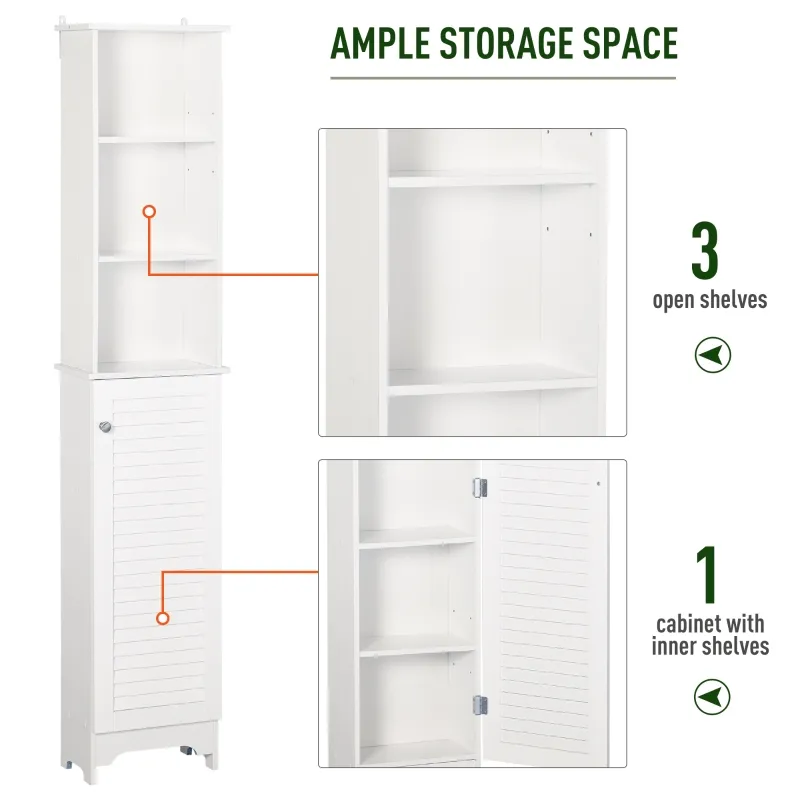 HOMCOM Tall Bathroom Storage Cabinet/Freestanding Linen Tower with 3-Tier Open Adjustable Shelf and Cupboard, White