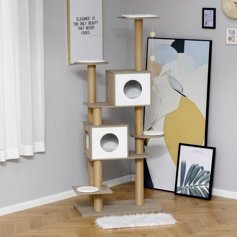 PawHut 69.75" Cat Tree Condo Tower Kittens Activity Stand House with Hanging Toy Ball with Scratching Posts for Small Cats, Light Grey
