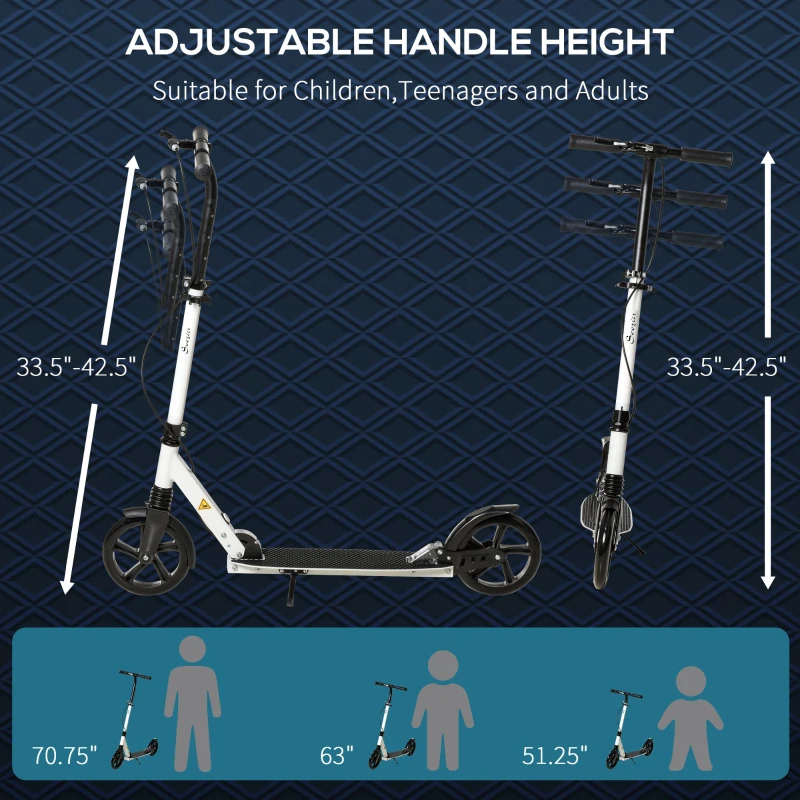 Soozier one-click Folding Kick Scooter for 14+ w/ Adjustable Handlebar, Push Scooter with Kickstand, Dual Brake System, Shock Absorber, 7.75'' Wheels & ABEC-7 Bearings, White