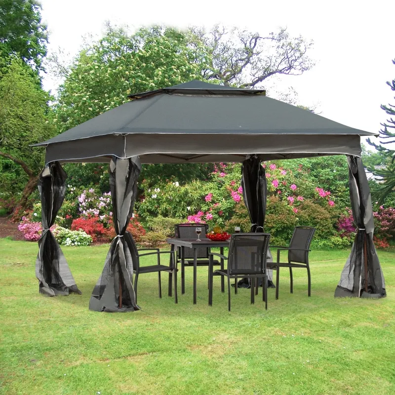 Outsunny 11' x 11' Pop Up Canopy, Outdoor Canopy Shelter Event Tent with 2-Tier Soft Top, Removable Zipper Netting, and Storage Bag, for Patio, Backyard, Garden, Dark Grey