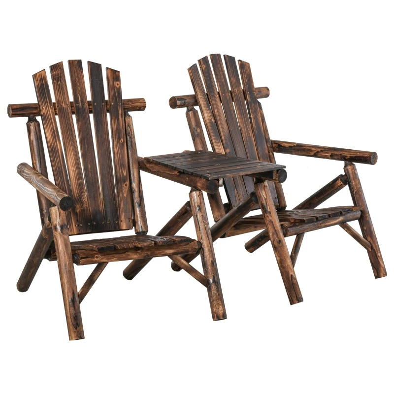 Outsunny Patio Wooden Double Adirondack Chair with Coffee Table Garden Loveseat Bench Vintage Carbonized Color