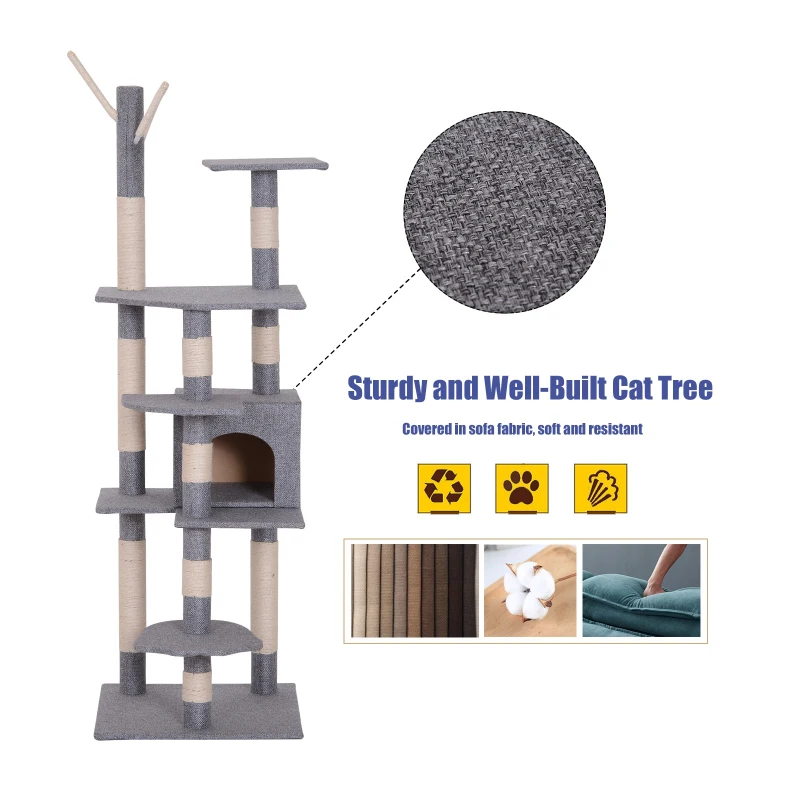 PawHut Cat Tree Cat Scratching Post Multifunctional Activity Center w/ Hanging Mouse Toy &  Condo Gray