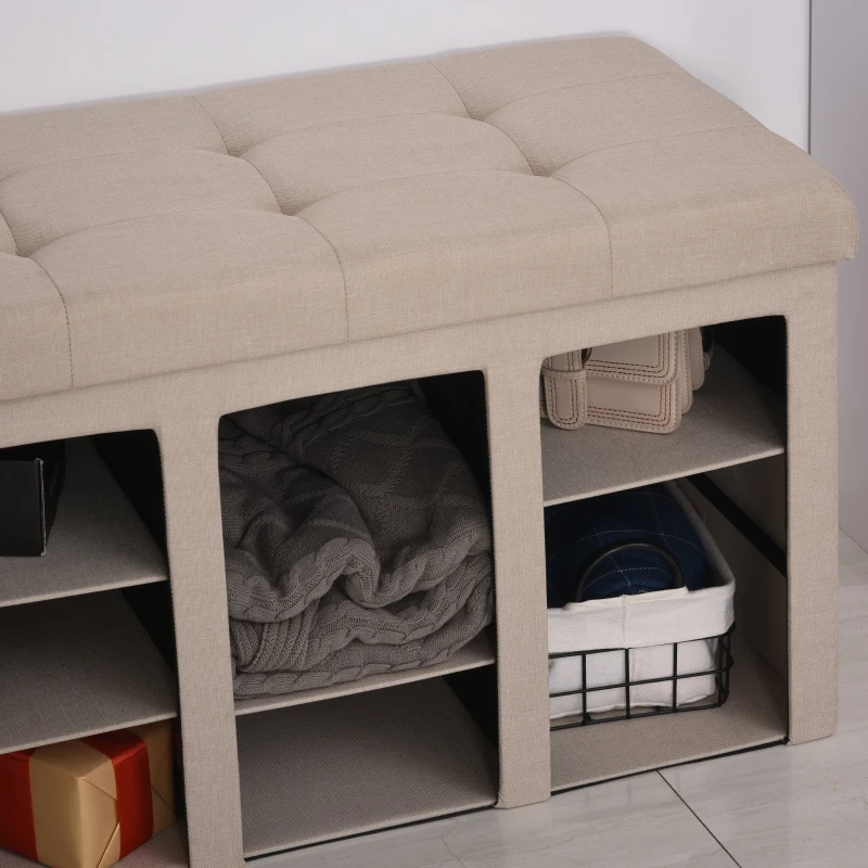 HOMCOM Modern Folding Shoe Storage Bench with Flipping Lid, Ottoman Bench for Bedroom & Hallway with 9 Cubes, Beige