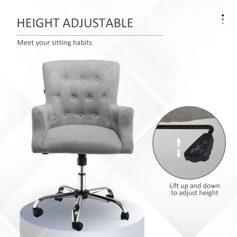 HOMCOM Mid Back Task Chair, Modern Home Office Chair with Tufted Button Design and Padded Armrests, Swivel Computer Desk Chair for Study Living Room Bedroom, Gray
