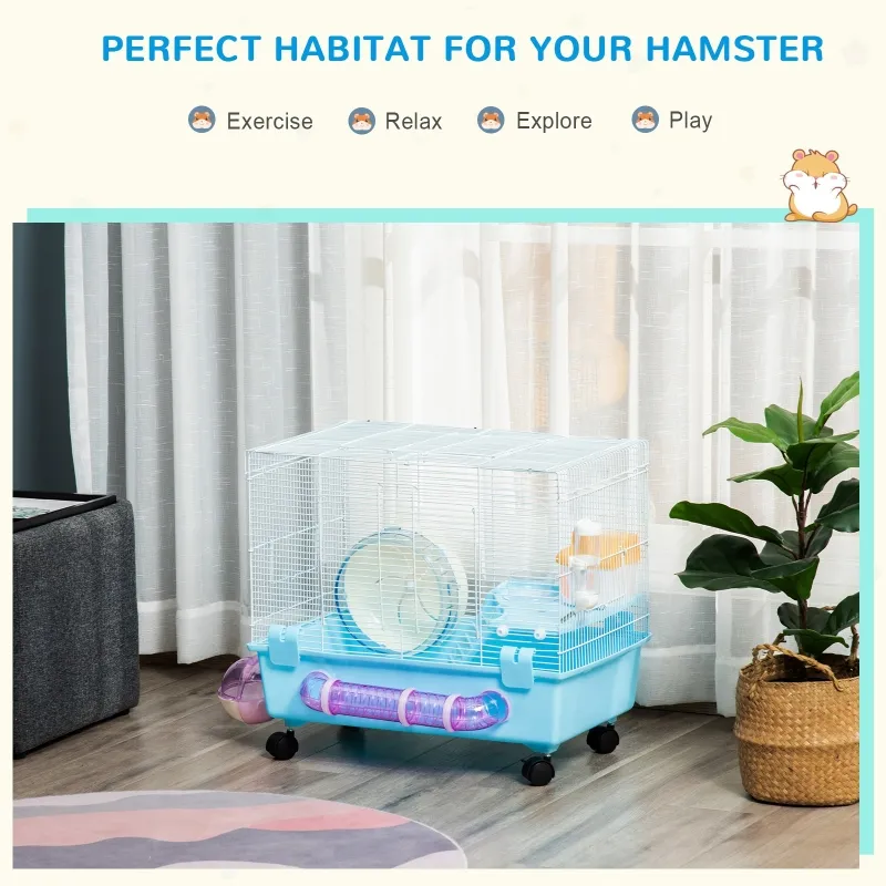 PawHut Hamster Cage, Gerbil Haven, Multi-storey Rodent House, Small Animal Habitats, Large Hide-out, w/ Water Bottle, Tubes, Exercise Wheel, Food Dish, Ramp, Shower Room, Light Blue