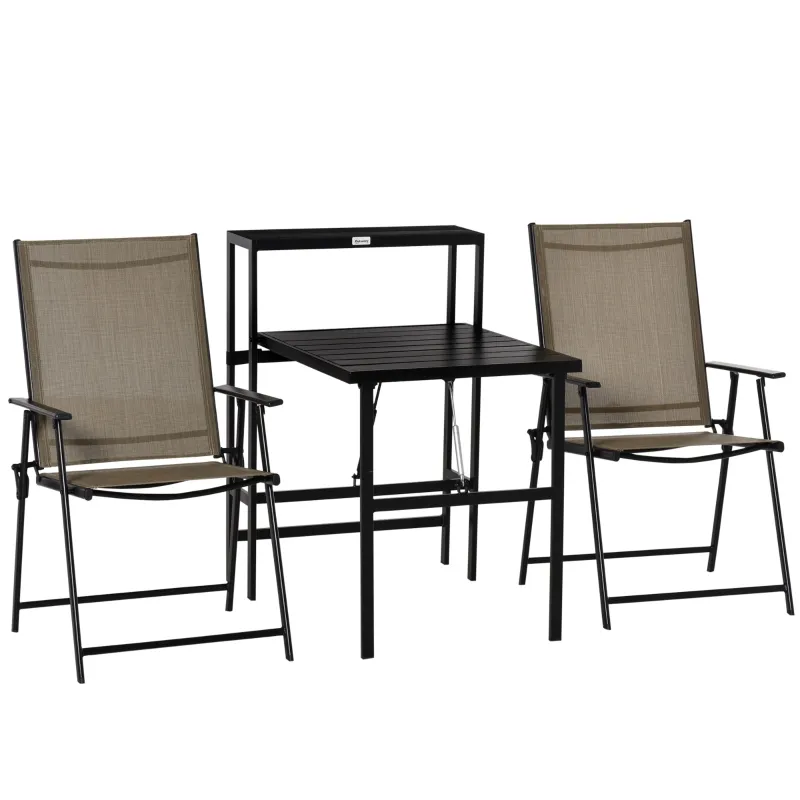 Outsunny 3 Pcs Folding Garden Furniture Set, Foldable Table and 2 Chairs Set w/ Side Shelf, Metal Frame, Indoor Outdoor Patio Balcony