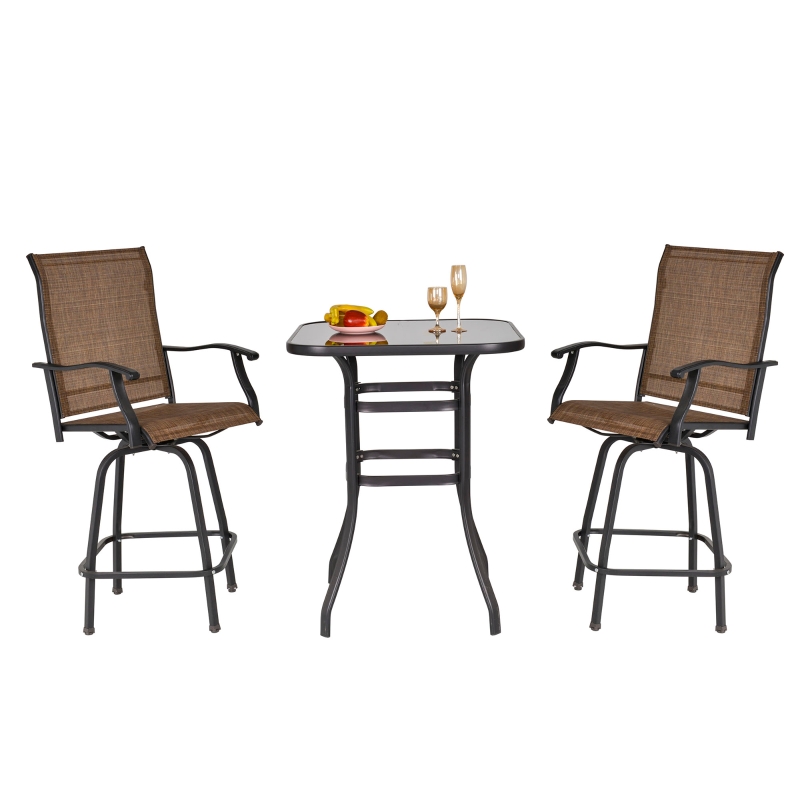 Outsunny 3 Piece Outdoor Patio Bar-Height Bistro Set with Comfort Sling Fabric, Steel Frame, & Weather-Fighting, Brown