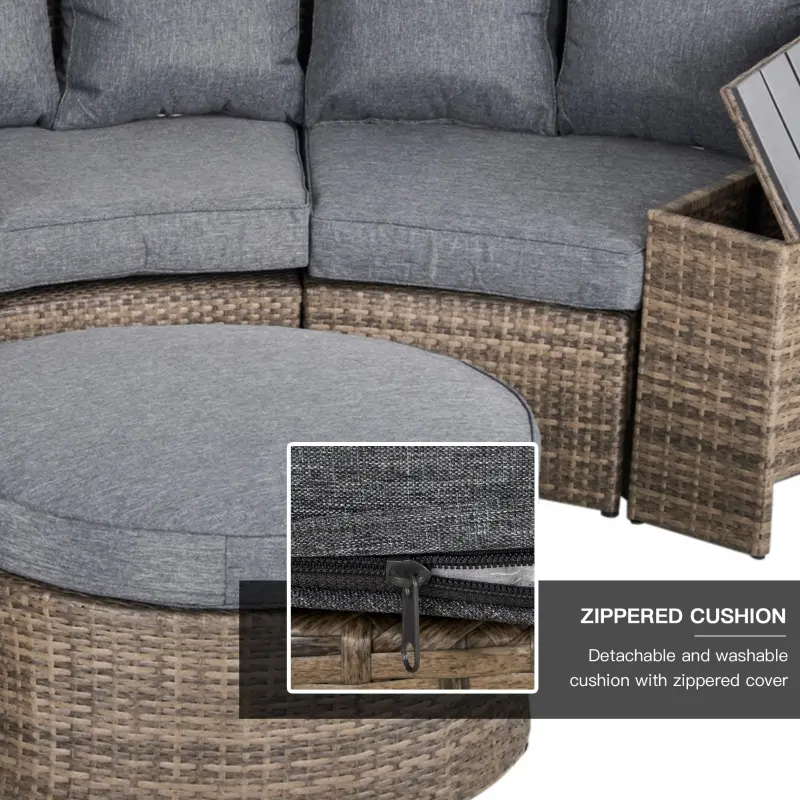 Outsunny 8 Piece Outdoor Rattan Sofa, Half Round Patio Furniture Set with Side Tables, Umbrella Hole, and Cushions, Mixed Kahki and Mixed Gray
