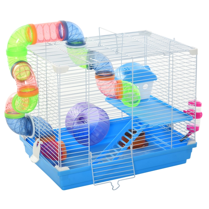 PawHut 2 Tiers Hamster Cage Portable Animal Travel Carrier w/ Exercise Wheels Play Tube